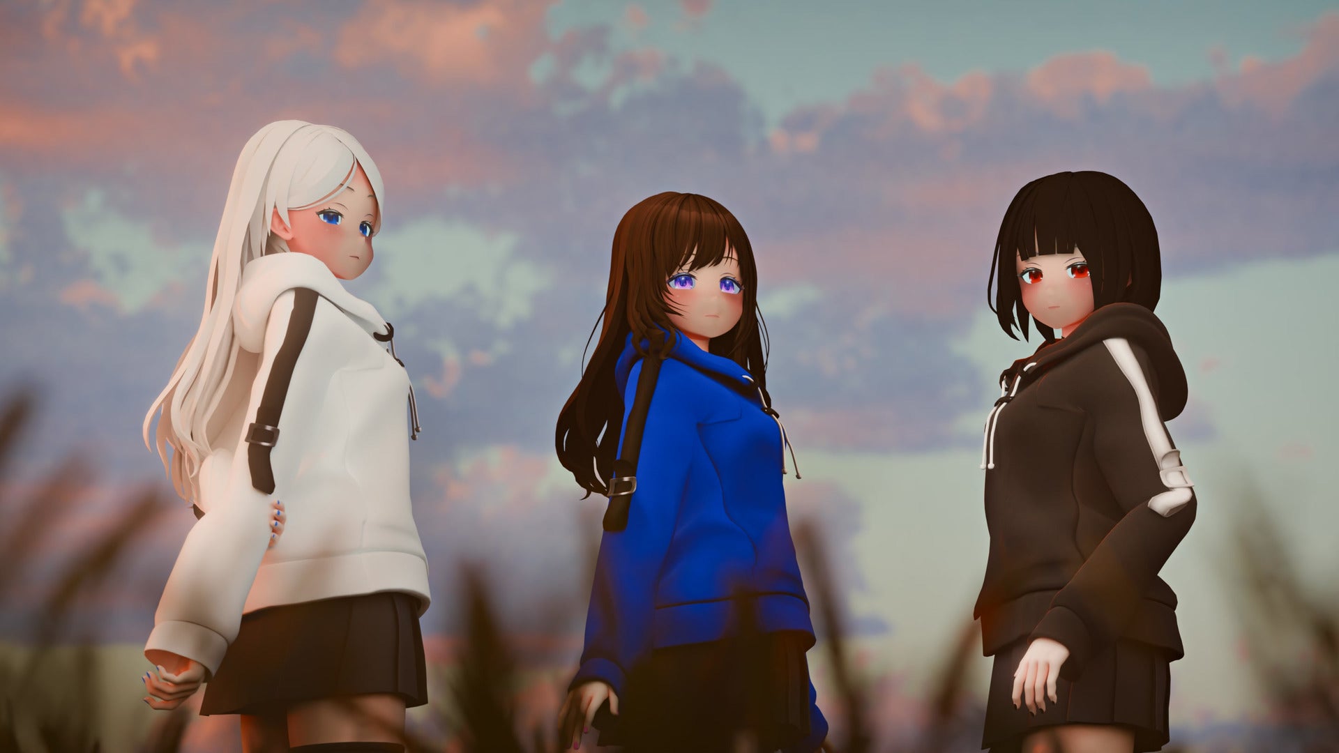 xeris, xeu and kuro at dusk, turning to look at you