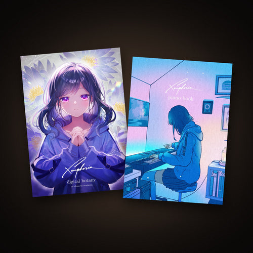 the digital botany and piano book covers together, on a warm dark ground